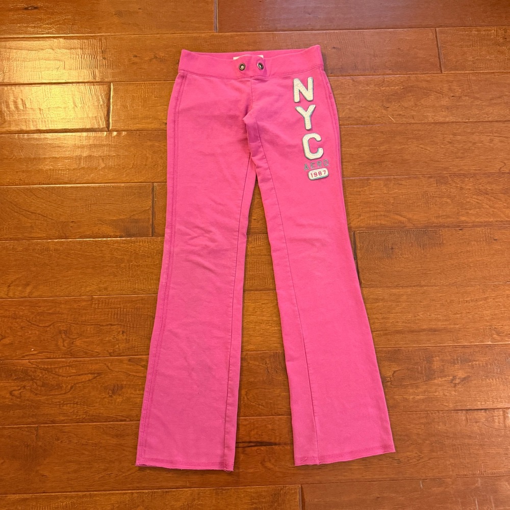 Aeropostale Sweatpants Womens XS Pink NYC Aero 1987 Graphic Flare Leg Y2K Lounge - Picture 1 of 8